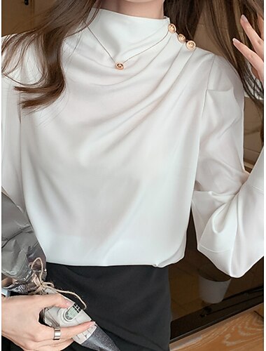  Women's Shirt Blouse Solid Color Business Modern Casual Long Sleeve Turtleneck Regular Tops Work Formal Wear Buttons White Blue Summer Spring