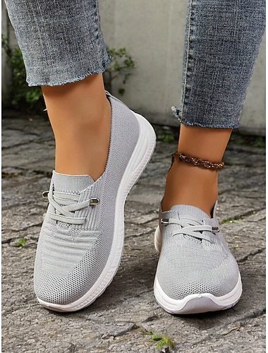  baskets en tricot grises à enfiler pour femmes avec semelle à coussin d'air - chaussures légères et respirantes pour la marche, les voyages et les vêtements décontractés