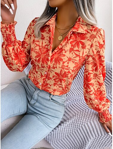  Dames Overhemd Blouse Bloemig Stijlvol Casual Lange mouw Overhemdkraag Normale tops Dagelijks Knop Afdrukken blauw Oranje Zomer Lente Herfst