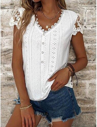  Top Eleganti in Pizzo Bianco per Donna con Occhielli Maglietta Casual di Colore Solido Regolare Maniche Corte Collo a V Pizzo Patchwork Bottoni Regolare Fit Giornaliero Romantico Petite Top Estivi da