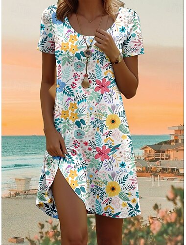  Damen Mini Kleid Petite Kleid T-Shirt Kleid Tee Kleid Sommerkleid A-Linien Kleid Elegant Vintage Stylisch Urlaub Freizeit Alltag Regulär Fit Floral Grafik Kurzarm Rundhalsausschnitt Weiß Sommer
