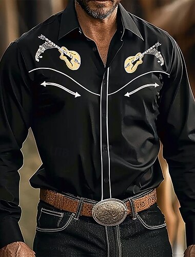  Homme Instrument de musique Chemise Western manche longue Western Sport en Plein Air Printemps Automne Col Rabattu Boutonner Noir