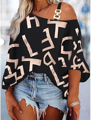  Women's Shirt Blouse Graphic Stylish Casual 3/4 Length Sleeve Asymmetrical Regular Tops Daily Patchwork Print Black White Khaki Summer Spring