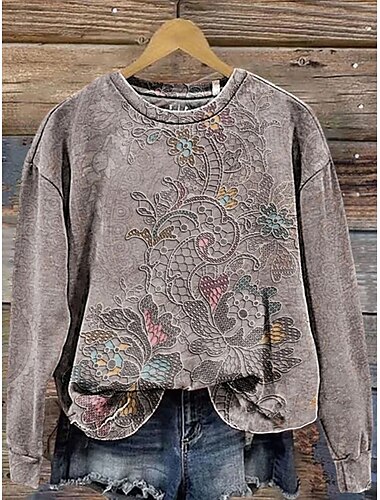  Mujer Sudaderas Floral Casual Manga Larga Escote Redondo Tops regulares Trabajo Uso Diario Casual Estampado Gris Otoño Invierno