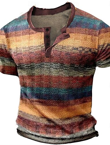  Hombre Camisa henley gofrada Tee Graphic Bloque de color Henley Ropa Impresión 3D Exterior Casual Manga Corta Botón Moda Design Elegante Vintage