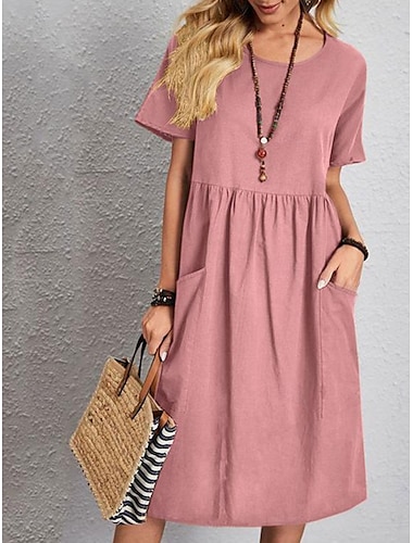  Femmes Robe Midi Robe Longue Maxi Robe Robes en coton et lin Élégant Basique Occasionnel Vacances Soirée Travail Coupe régulière Uni Manche Courte Col ras du cou Rose Claire Marron clair Kaki Bleu de