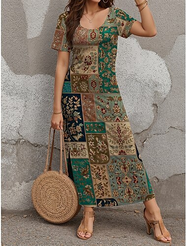  Damen Maxikleid Freizeitkleid Boho Chic Kleider Maxidress Sommerkleid Bohemien Niedlich Stilvoll Urlaub Täglich Strand Normale Passform Grafik Kurzarm Rundhalsausschnitt Grün Sommer Frühling