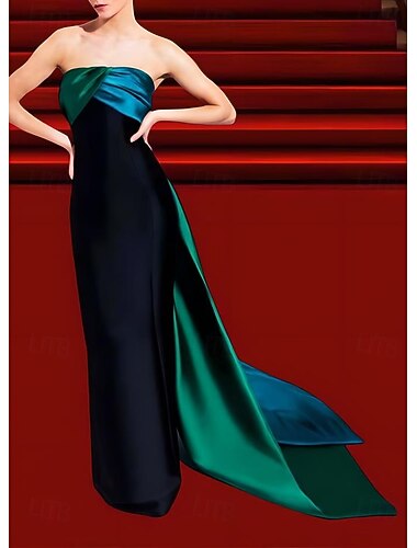  Abito da Sera A-Line Stile Celebrity Vestito a Blocchi di Colore Matrimonio di Carnevale Ricevimento Lunghezza Traino Senza Maniche Spalla Unica Seta