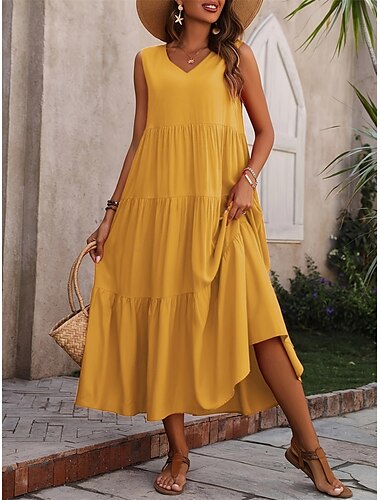  Women's Maxi Dress Casual Dress Swing Dress A Line Dress Stylish Basic Casual Vacation Daily Regular Fit Plain Sleeveless V Neck Black Yellow Red Fuchsia Summer Spring