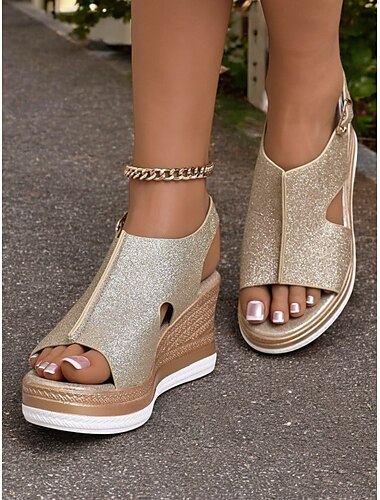  sandali da donna con zeppa glitterati dorati con design cut-out, cinturino regolabile, perfetti per feste estive, matrimoni ed eventi serali