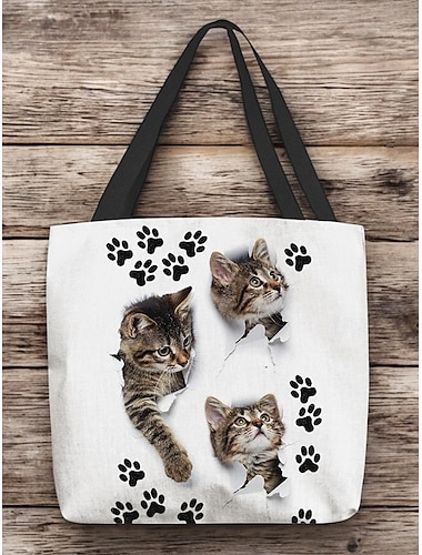  Grote capaciteit tote bag met 3D kattenprint en pootpatronen – casual lichtgewicht boodschappentas voor kattenliefhebbers, perfect voor dagelijks gebruik en als cadeau
