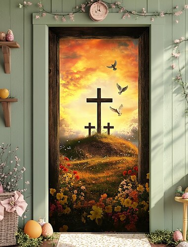  Door Decorations Door Covers Cross Door Tapestry Door Curtain Decoration Backdrop Indoor/Outdoor Door Banner for Front Door Farmhouse