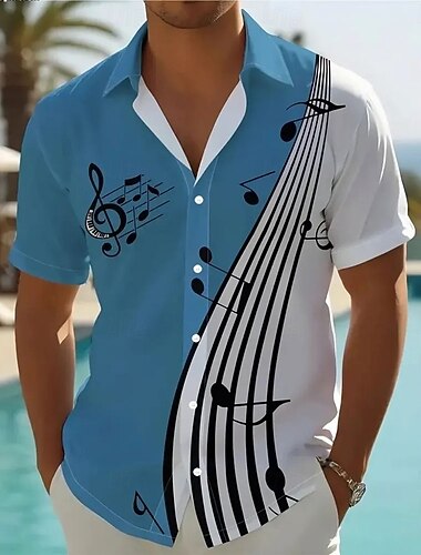  Voor heren Gestreept Muziek noten Overhemd Overhemd met knopen Korte mouw Mode-casual Vakantie Buitensporten Strand Kleding Zomer Lente Strijkijzer shirts met kraag blauw
