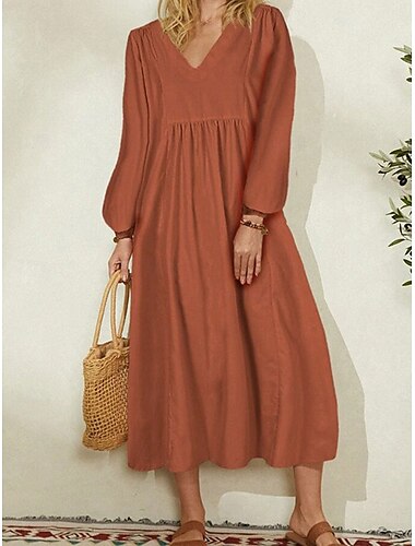  Femmes Robe Midi Robes en coton et lin Robe Décontractée Élégant Basique Occasionnel Manches Bouffantes Vacances Soirée Quotidien Coupe Ample Uni manche longue Col en V Noir Orange Bleu de minuit