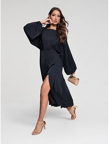  Satin-Midikleid mit Rundhalsausschnitt und Schlitz für Hochzeitsgäste