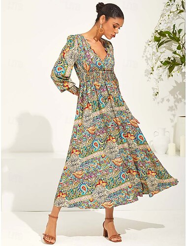  Femme Robe Maxi Robe ethnique Robe Évasée Elégant mode Vacances Ample Graphic Cachemire manche longue Col V Vert Eté Printemps