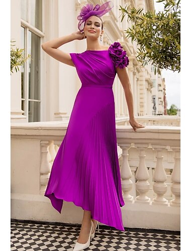  A-linje klänning brudens mor klänning elegant vintage rundad hals asymmetrisk ankellängd stretch chiffon kort ärm med rynkade applikationer blomma kyrkans kostymer tävlingar klänning midi klänning