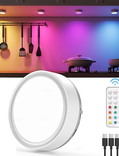  Luz de disco RGB recargable por USB: luces de gabinete con batería recargable de 1600 mAh con control remoto, luz de grifo LED adhesiva magnética para gabinetes, guardarropa, uso en interiores, 1 pieza