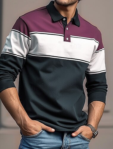  Homme Rayures Polo de rugby manche longue Polos Chemises à Col Occasionnel Extérieur Athleisure Impression 3D Printemps Automne Hiver Rouge Bleu Violet