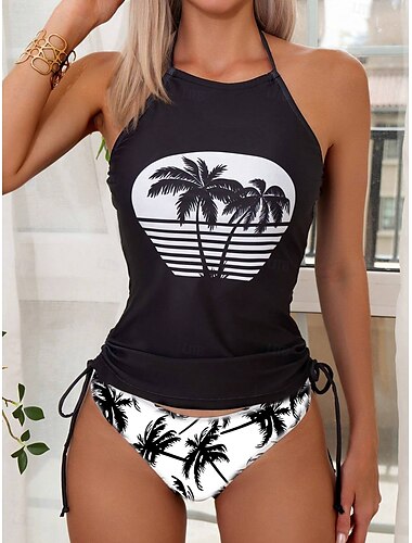  Damen Badeanzüge Tankini 2 Teilig Cheeky Badeanzug Rückenfrei Urlaub Strandbekleidung Blätter Halterneck Ärmellose Badeanzüge