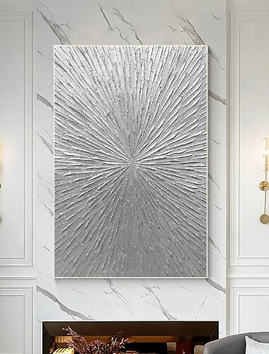 rayons argentés abstrait épais texturé peinture à l'huile originale salon art mural décor art mural vertical argent peinture minimaliste sur toile
