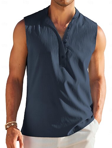  Herren leinenhemd Tank Top Henley Hemd Weste Ärmellos Henley Sommer Einfach Mode Designer Muskel Knöpfe Outdoor Ausgehen Fitnessstudio Schwarz Weiß Marineblau Top T-Shirt für Herren