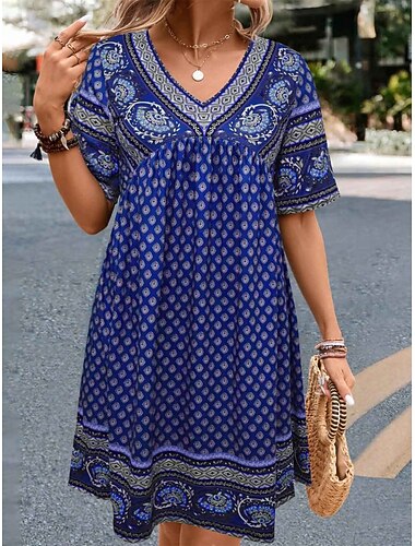  Naisten Mini mekko Rento mekko Etninen mekko Tpaitamekko Boho-mekko Vintage Etninen Vapaa-aika Loma Päivittäin Normaali Paisley-kuvio Lyhythihainen V kaula-aukko Viini Sininen Kesä