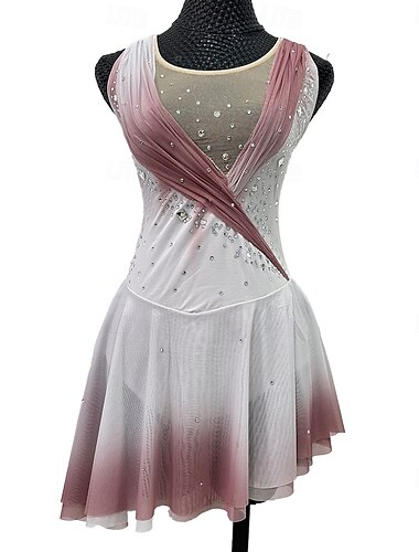  Eiskunstlaufkleid Damen Mädchen Eislaufen Kleider Pudriges Rosa Patchwork Asymmetrischer Saum Gitter Spandex elastisch Ausbildung Praxis Professionell Eiskunstlaufkleidung Kristalle Ärmellos