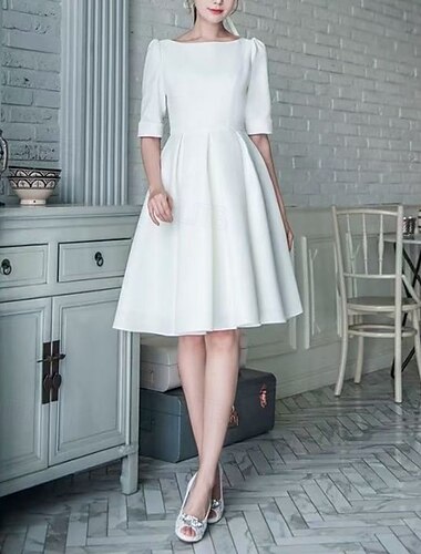  Hochzeitsempfang Kurze Brautkleider Glitzer & Funkeln Hochzeitskleider A-Linie U-Ausschnitt Halbe Ärmel Knie-Länge Stretchstoff Hochzeitsanzüge Brautkleider Mit Plissee Einheitliche Farbe 2025