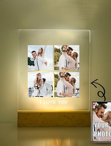  Marco de luz de noche de madera acrílica personalizado con 4 ranuras para fotos personalizadas para decoración del hogar y el restaurante