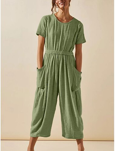  Damen Normal Jumpsuit Aktiv Feste Farbe Kurzarm Rundhalsausschnitt Tasche Urlaub Täglich Regular Fit Weiß Grün Khaki Sommer