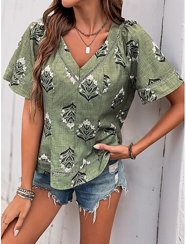  Women's Shirt Blouse Floral Stylish Casual Short Sleeve V Neck Regular Tops Daily Print Green Summer