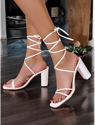  Sandalias blancas con tiras y cordones para mujer, con tacón de bloque transparente y punta cuadrada: elegantes sandalias para bailes de graduación, bodas y conjuntos de verano.