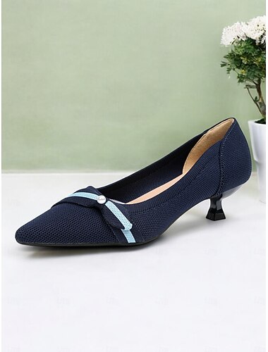  dunkelblaue Damen-Kitten-Heels aus Mesh mit spitzer Spitze, Schleife und Perlenbesatz – perfekt fürs Büro und die Freizeit