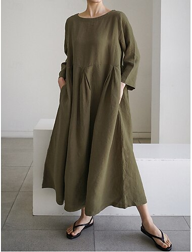  Mujer Vestido maxi Vestidos de lino y algodón Vestido informal Vestido largo de algodón Básico Casual Vacaciones Diario Ajuste regular Plano Manga Larga Cuello Barco Amarillo Azul Marino Verde Trébol