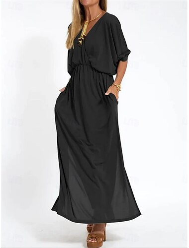  Mulheres Vestido Longo Vestido casual Vestido A Line à moda Básico Casual Férias Diário Normal Tecido Meia Manga Decote V Preto Verde Tropa Verão Primavera