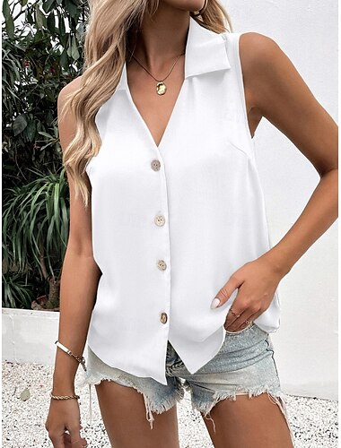  Femmes Débardeur caraco Couleur Unie Quotidien Élégant Occasionnel Sans manches Col de chemise Hauts Réguliers Quotidien Boutons Noir Blanche Vin Bleu Vert Été