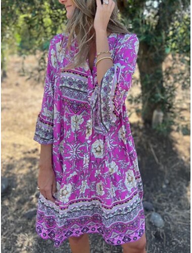  בגדי ריקוד נשים שמלת מידי שמלת קז'ואל שמלות בוהו שיק בוהמיה יום יומי בוהו חופשה יומי חוף מונח בצורה רפויה פרחוני שרוול 4\3 צווארון חולצה כחול נייבי כחול רויאל סגול קיץ אביב
