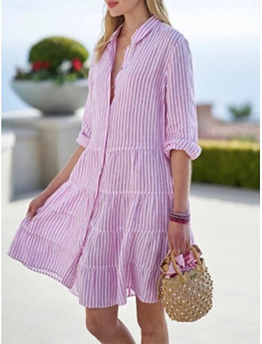  Pentru femei Rochie Mini Rochii de in bumbac Rochii Tip Cămașă Rochie casual Casual Vacanță Zilnic Fit regulat Dunga Lungime Manșon 3/4 Guler Cămașă Roz Îmbujorat Vară