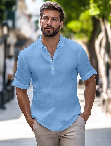  Hombre Camisa camisa de lino Camisa de verano Ropa de playa Plano Vacaciones Casual Negro Blanco Azul Piscina Verde Trébol Manga Larga Cuello Primavera verano Ropa