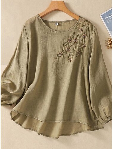  Per donna Camicia Blusa Camicie di cotone e lino Tinta unica Essenziale Casual Manica Lunga Girocollo Top Regolari Quotidiano Ricamato Bianco Rosa Fucsia Verde Estate Primavera