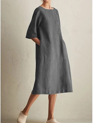  Dámské Midi šaty Lněná směs Úpletové šaty Bavlněné lněné šaty Plátěné šaty Základní Na běžné nošení Denní Dovolená Běžný Bez vzoru 3/4 délka rukávu Tričkový Černá Fialová Khaki Šedá Léto