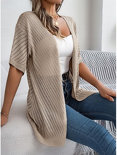  Dames Vest Kabel gebreide trui Streetwear Dagelijks Stijlvol Heldere kleur Kabel Haakwerk Open voorzijde Netstof Gebreid Drop Shoulder Korte Mouw Lange tops breien Huis Feest Dagelijks Wit Blozend