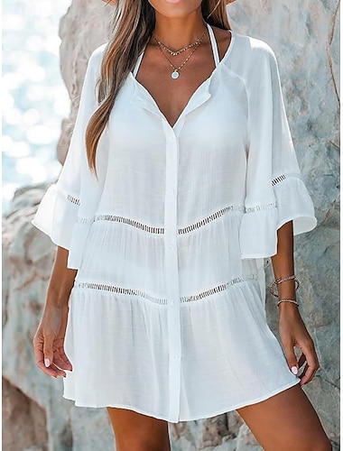  Mujer Bañadores Tapadera Vestido de Baño Traje de baño Cortado Vacaciones Ropa de playa Color sólido Escote en Pico Manga Larga Trajes de baño