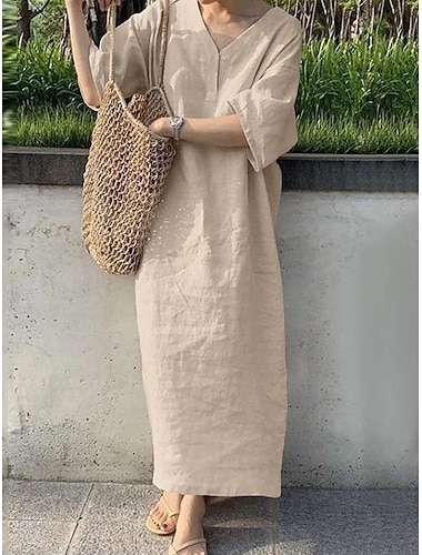  Femmes Robe maxi Robes en coton et lin Robe Décontractée Basique Occasionnel Vacances Quotidien Date Coupe régulière Uni Manche Courte Col en V Kaki Vert Véronèse Bleu de minuit Gris Été