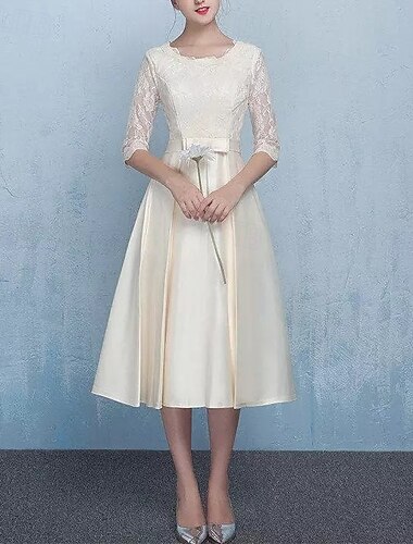  A-Linie Kleid Brautmutterkleid Formal Elegant einfach Juwel-Ausschnitt Knöchellänge Tee-Länge Satin Halbarm mit Spitzen-Schleife(n) Blumen Derby Kleid Renntag Kleid 2025