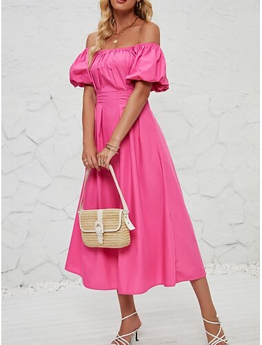  Mujer Vestido Midi Vestido informal Vestido de Columpio Vestido de una línea Elegante Casual Vacaciones Diario Ajuste regular Plano Manga Corta Hombros Caídos Rosa Naranja Verano Primavera