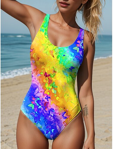  Costumi da bagno da donna costume intero con stampa multicolore di farfalle senza maniche scollo a barca tessuto elasticizzato abbigliamento estivo da spiaggia moda a bordo piscina costumi da bagno