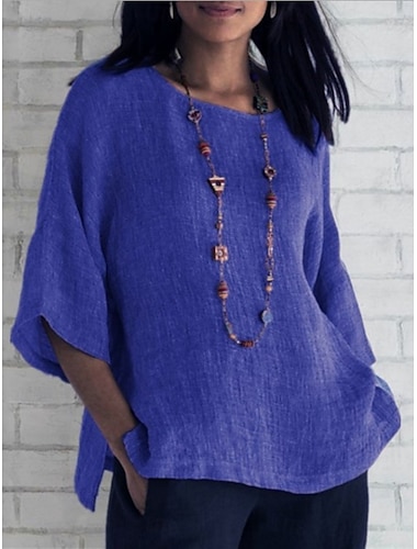  Dames Overhemd Blouse Katoenen linnen overhemden Effen Kleur Basic Casual 3/4 mouw Strakke ronde hals Normale tops Dagelijks Grasgroen Zwart Wit Lichtgroen Blozend Roze Zomer