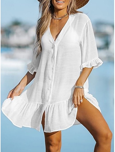  Mujer Bañadores Tapadera Vestido de Baño Traje de baño Volante Botones Vacaciones Ropa de playa Color sólido Mangas cortas Trajes de baño